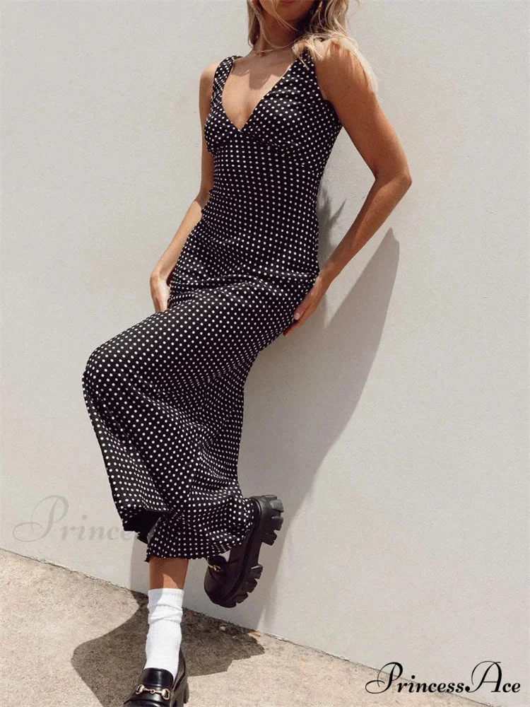 Women Summer Slim Tank Dot Print Sleeveless Deep V-Neck Bodycon Ankle Length Female Vestidos - Image 2
