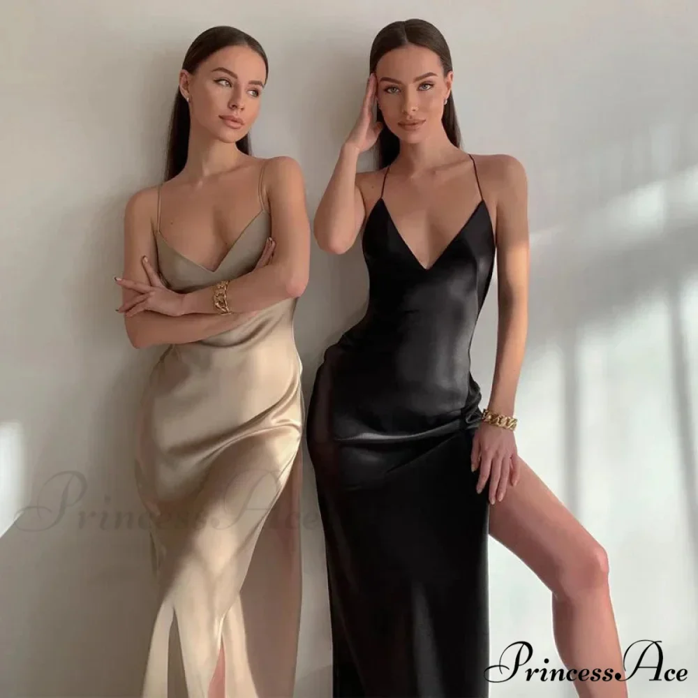 Satin Spaghetti Strap Summer Split V-neck Elegant Sleeveless Backless Club Party Outfits Sexy - Image 2