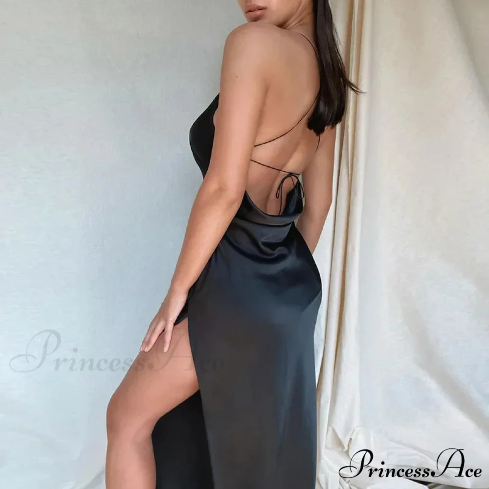 Satin Spaghetti Strap Summer Split V-neck Elegant Sleeveless Backless Club Party Outfits Sexy - Image 6