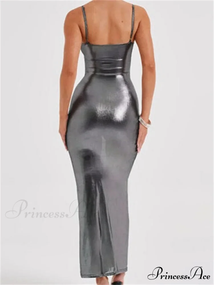 Sexy Women Bodycon Solid Metallic Sleeveless Strap Summer Backless Party Female Vestidos Streetwear - Image 2