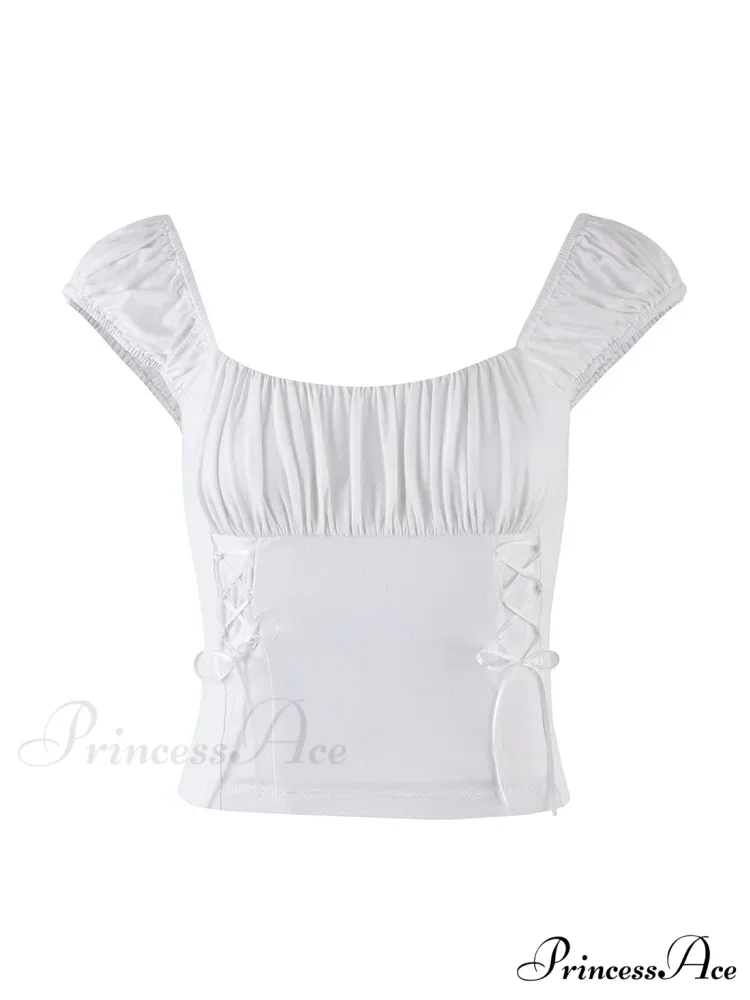 Ruched Short Slim Fit Short Sleeve Side Tie Up Solid Color T-shirts - Image 6