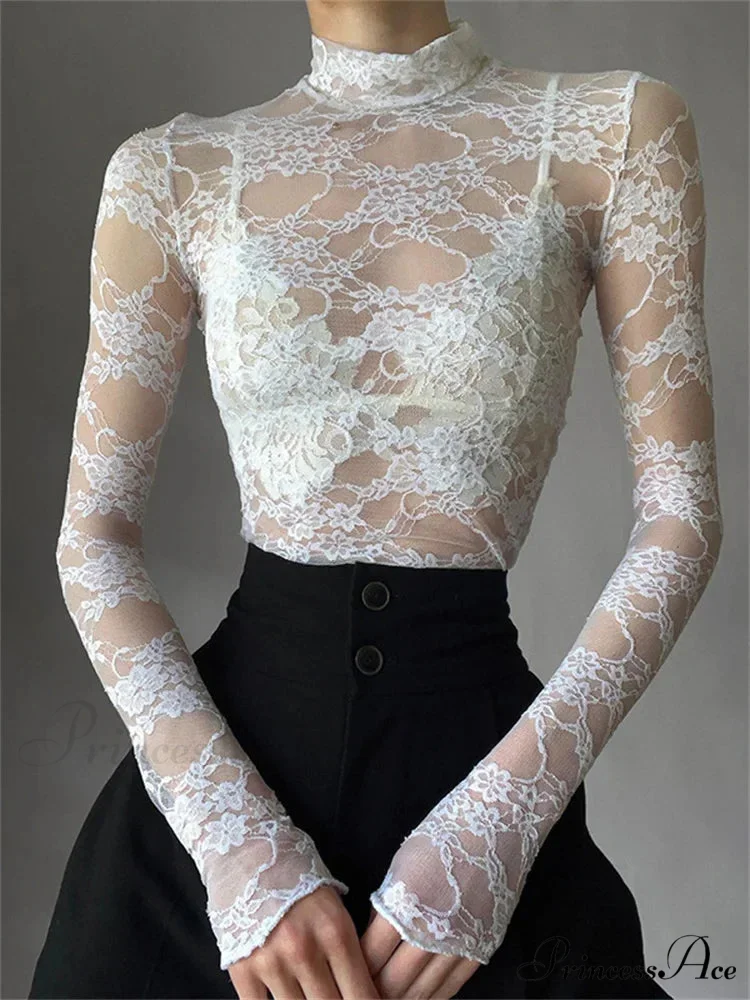 See Through Crop Top Long Sleeve High Neck Lace Floral Slim Fit T-shirts - Image 2