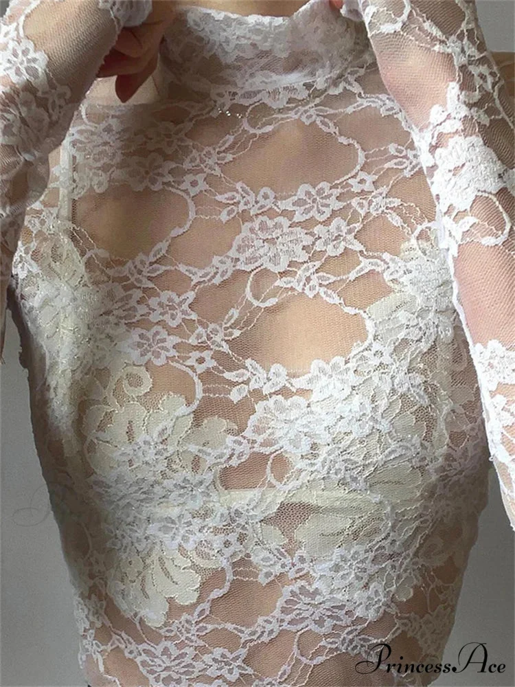 See Through Crop Top Long Sleeve High Neck Lace Floral Slim Fit T-shirts - Image 5