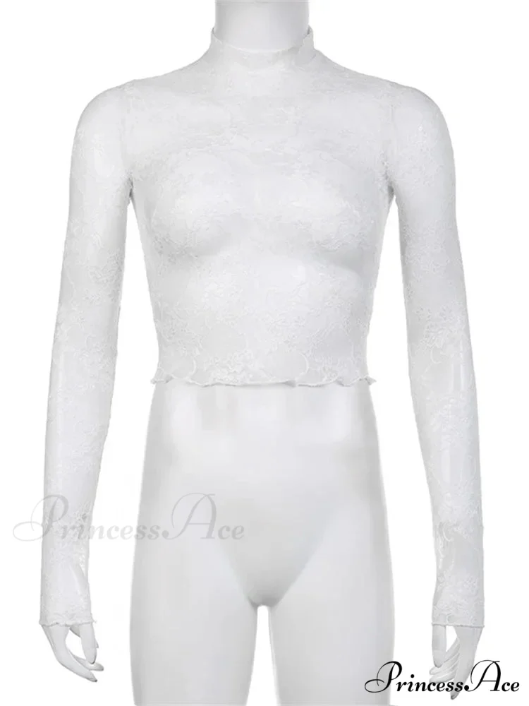 See Through Crop Top Long Sleeve High Neck Lace Floral Slim Fit T-shirts - Image 6