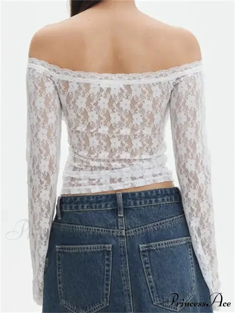 Vintage Lace Crop Tops Long Sleeve Off-Shoulder Casual Pullovers T-shirts - Image 2