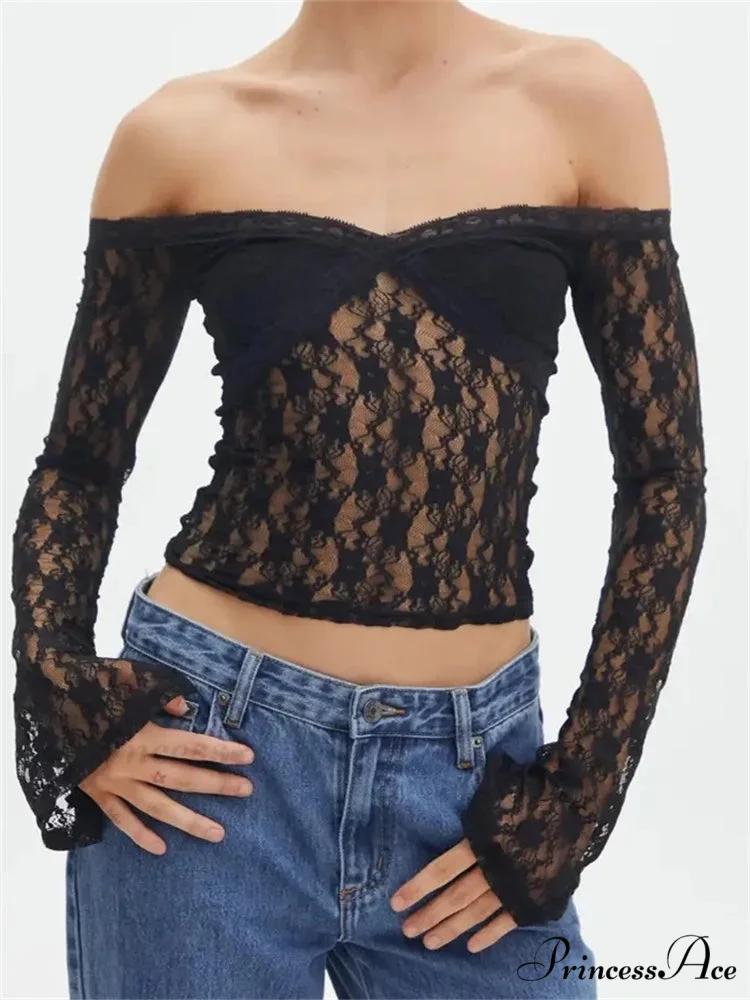 Vintage Lace Crop Tops Long Sleeve Off-Shoulder Casual Pullovers T-shirts - Image 3