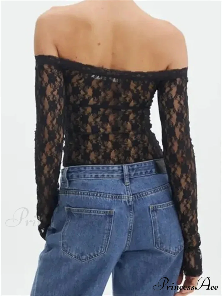 Vintage Lace Crop Tops Long Sleeve Off-Shoulder Casual Pullovers T-shirts - Image 4