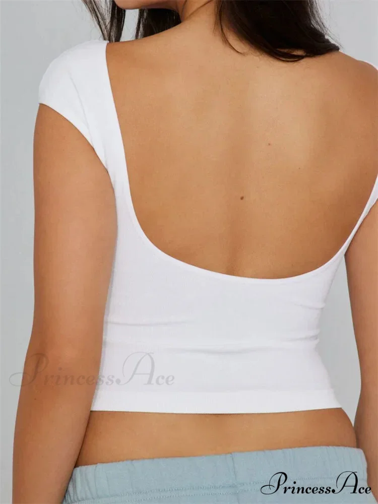 Backless Short Sleeve Low Cut O-Neck Crop Tops Solid Slim Fit T-shirts - Image 5