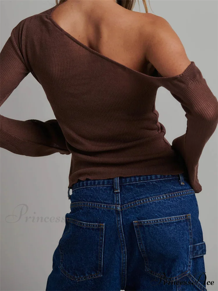 Knitted Long Flare Sleeve Solid Slim Fit T-shirts Off Shoulder T-shirts - Image 2