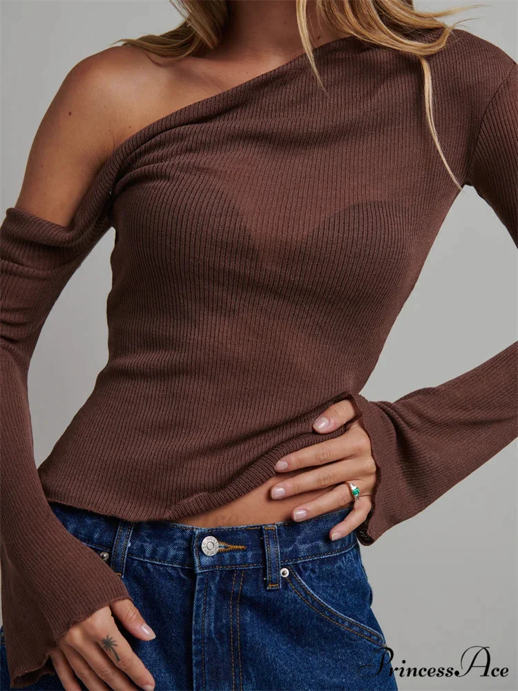 Knitted Long Flare Sleeve Solid Slim Fit T-shirts Off Shoulder T-shirts - Image 3