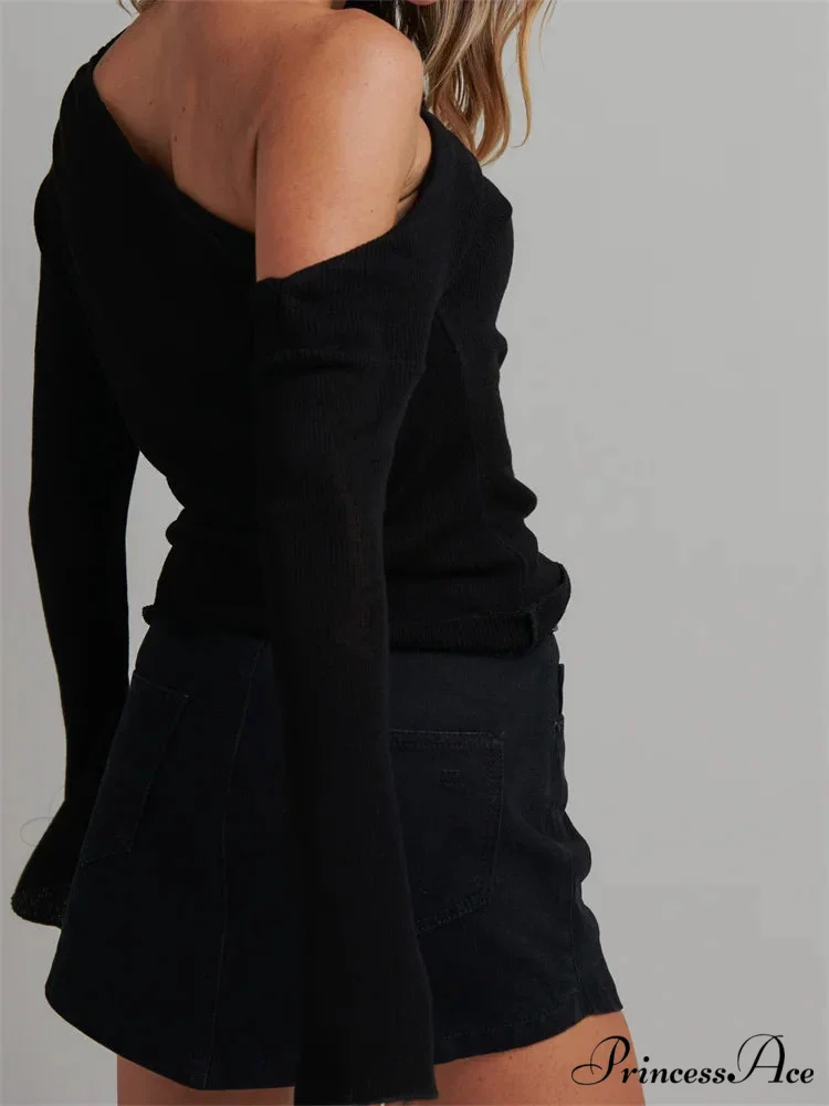 Knitted Long Flare Sleeve Solid Slim Fit T-shirts Off Shoulder T-shirts - Image 5