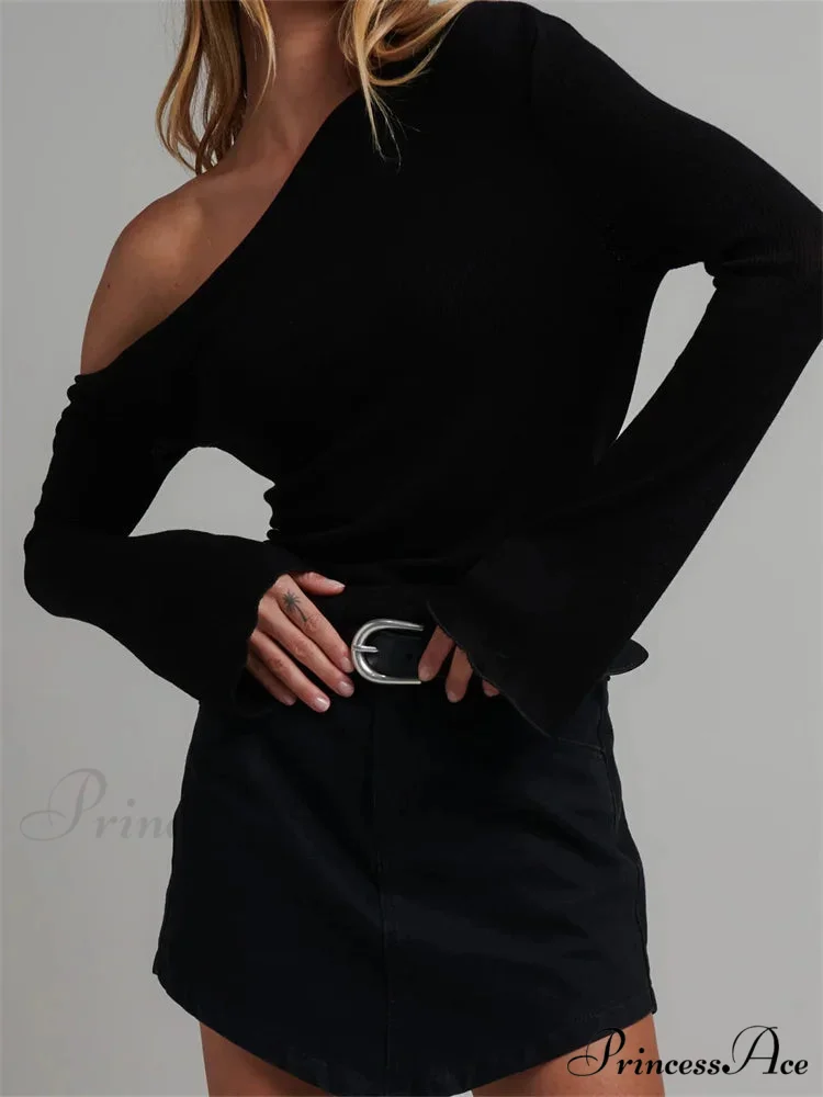 Knitted Long Flare Sleeve Solid Slim Fit T-shirts Off Shoulder T-shirts - Image 6