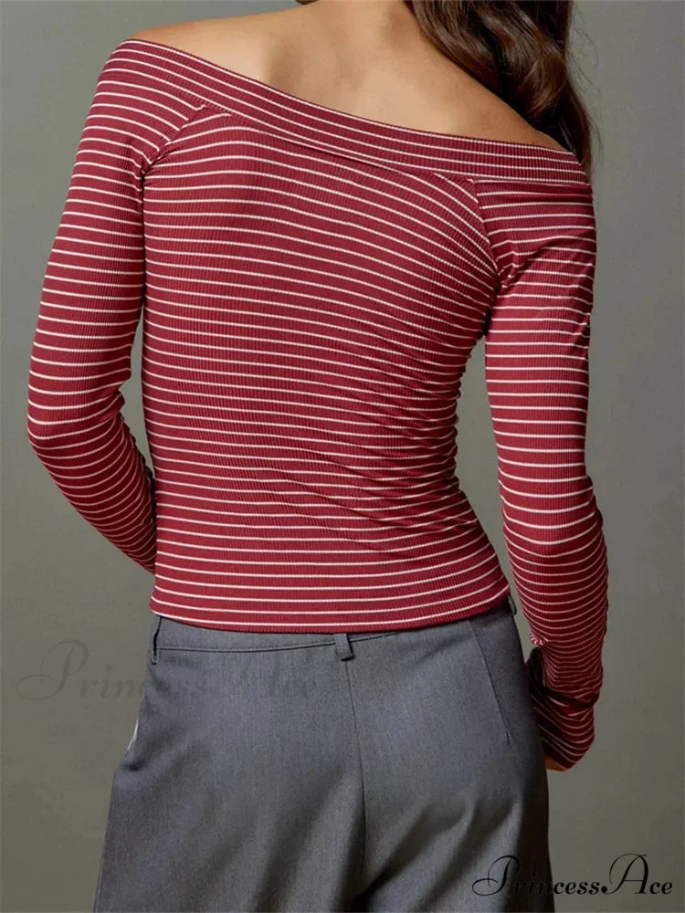 Long Sleeve Slim Colorful Striped Print Slash Neck T-Shirts - Image 2