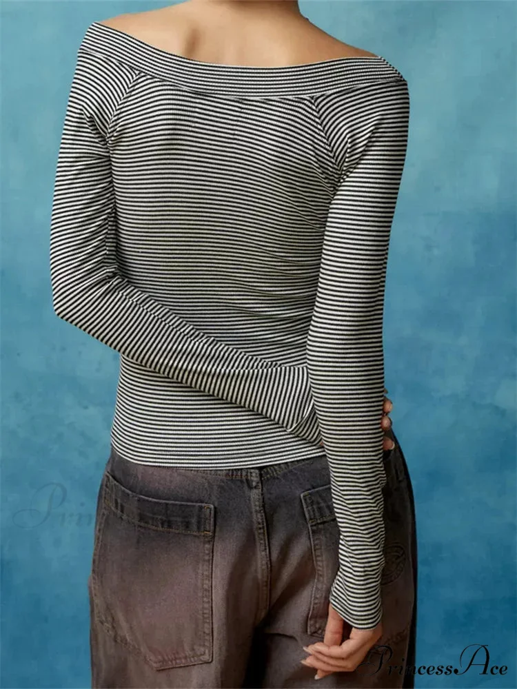 Long Sleeve Slim Colorful Striped Print Slash Neck T-Shirts - Image 3