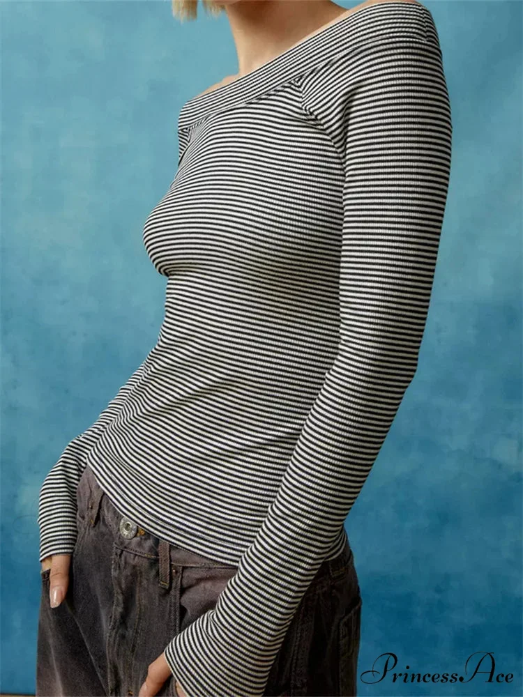 Long Sleeve Slim Colorful Striped Print Slash Neck T-Shirts - Image 5