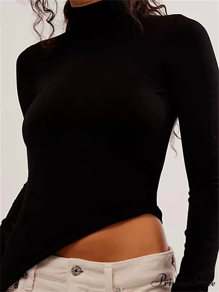 Long Sleeve High Neck Backless Slim Fit Solid Color T-Shirts - Image 3