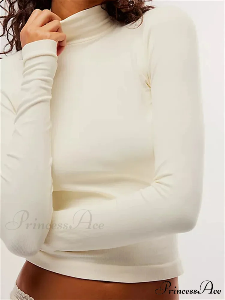 Long Sleeve High Neck Backless Slim Fit Solid Color T-Shirts - Image 4