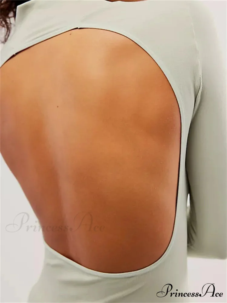 Long Sleeve High Neck Backless Slim Fit Solid Color T-Shirts - Image 5
