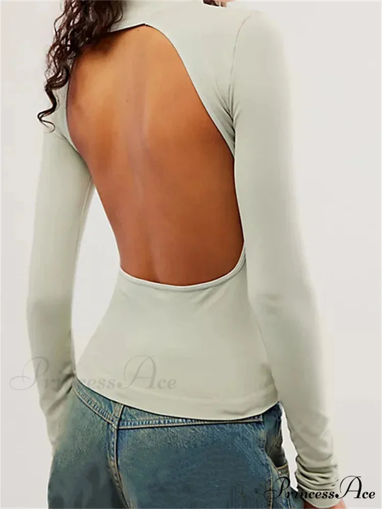 Long Sleeve High Neck Backless Slim Fit Solid Color T-Shirts - Image 6