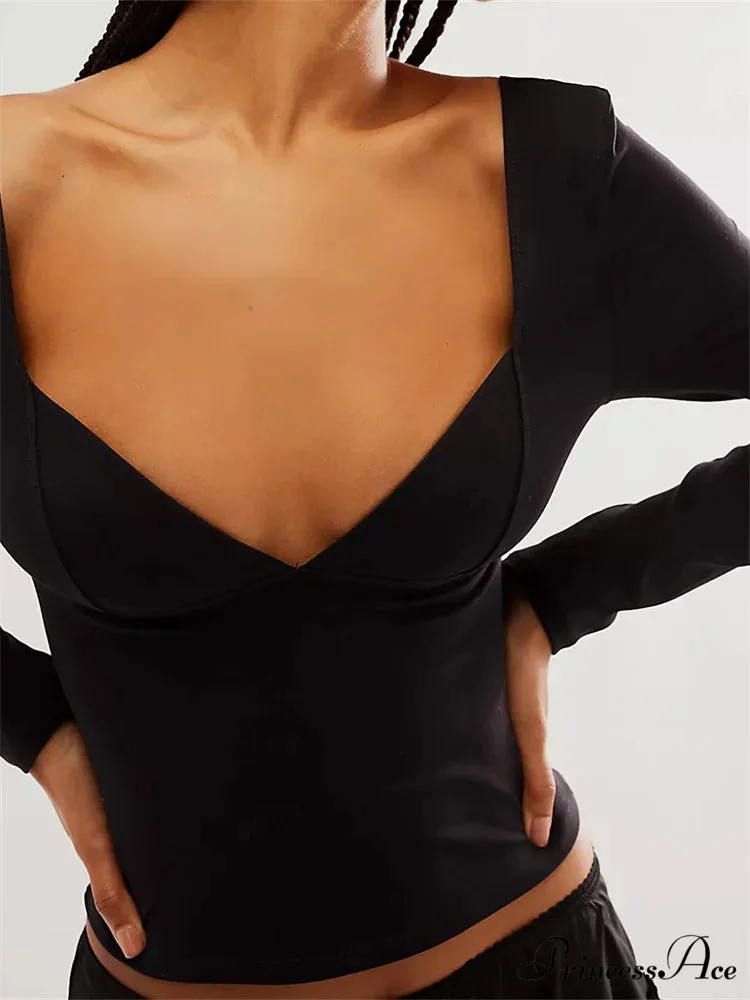 Sexy Slim Fit Deep V-neck Side Split Backless T-Shirts - Image 2