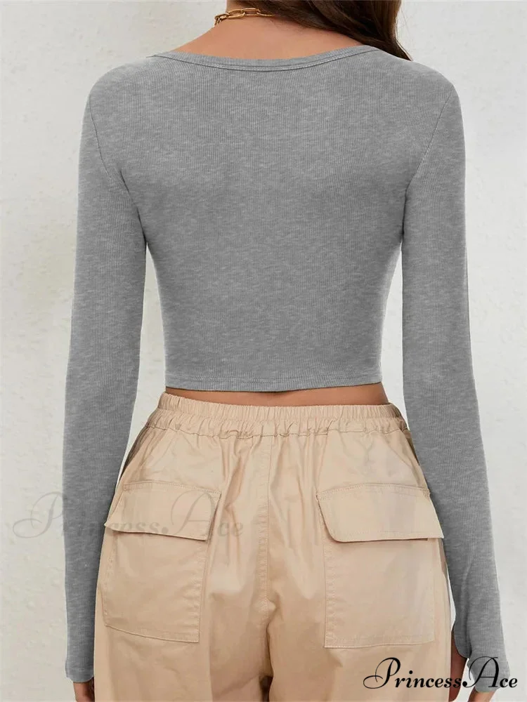 Long Sleeve Solid Color Ribbed Square Neck Slim Fit Crop T-Shirts - Image 2