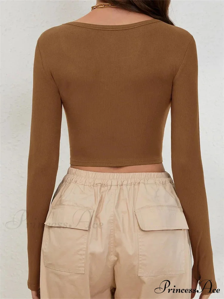 Long Sleeve Solid Color Ribbed Square Neck Slim Fit Crop T-Shirts - Image 4