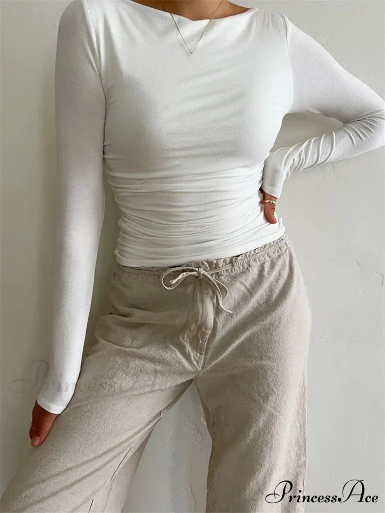 Ruched Casual Slim Fit Pullovers Long Sleeve T-Shirts - Image 2