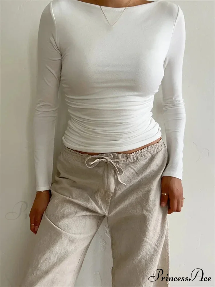 Ruched Casual Slim Fit Pullovers Long Sleeve T-Shirts - Image 3