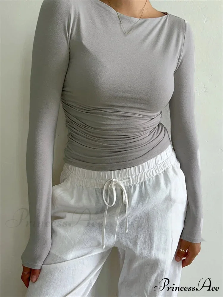 Ruched Casual Slim Fit Pullovers Long Sleeve T-Shirts - Image 5