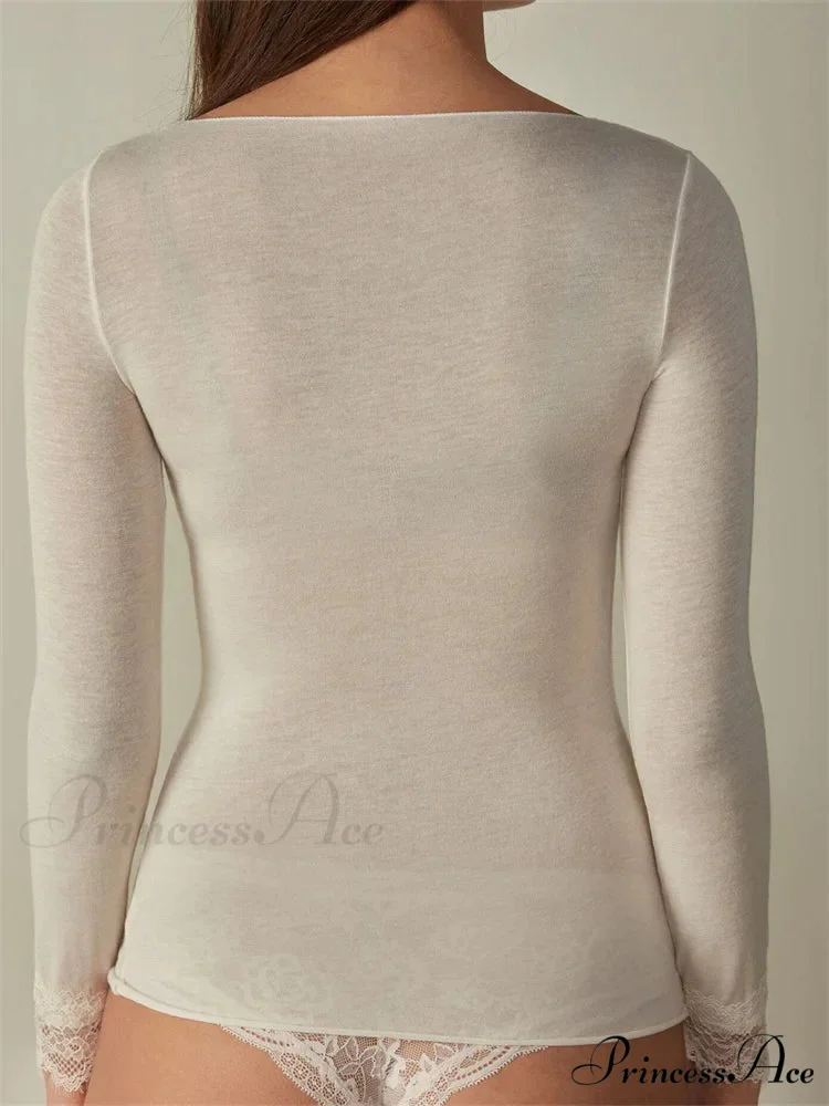 Lace Patchwork Long Sleeve V-neck Casual T-shirts - Image 2