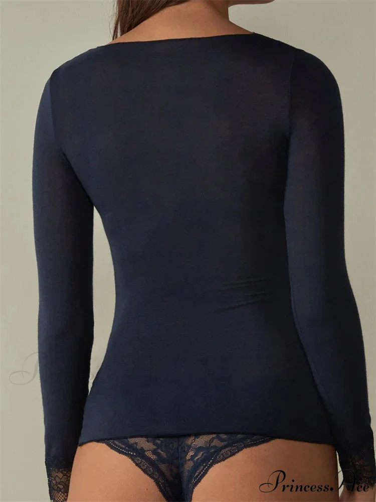 Lace Patchwork Long Sleeve V-neck Casual T-shirts - Image 4