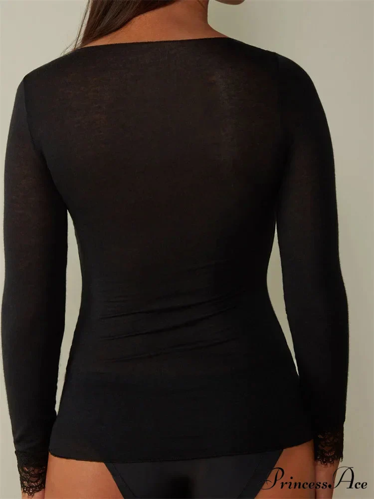 Lace Patchwork Long Sleeve V-neck Casual T-shirts - Image 5