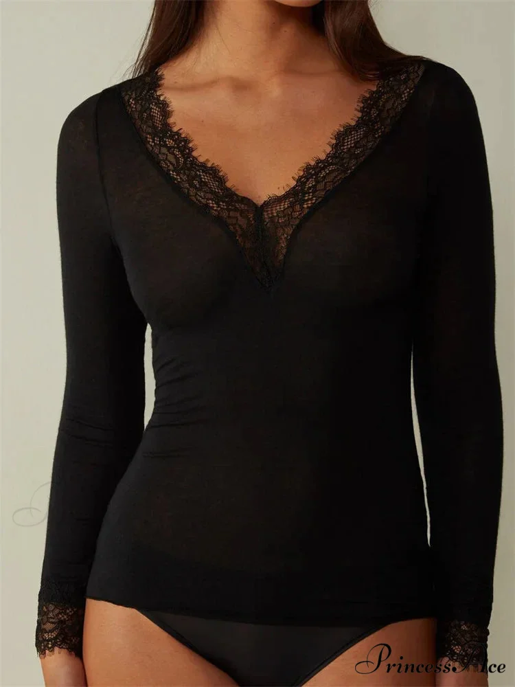 Lace Patchwork Long Sleeve V-neck Casual T-shirts - Image 6