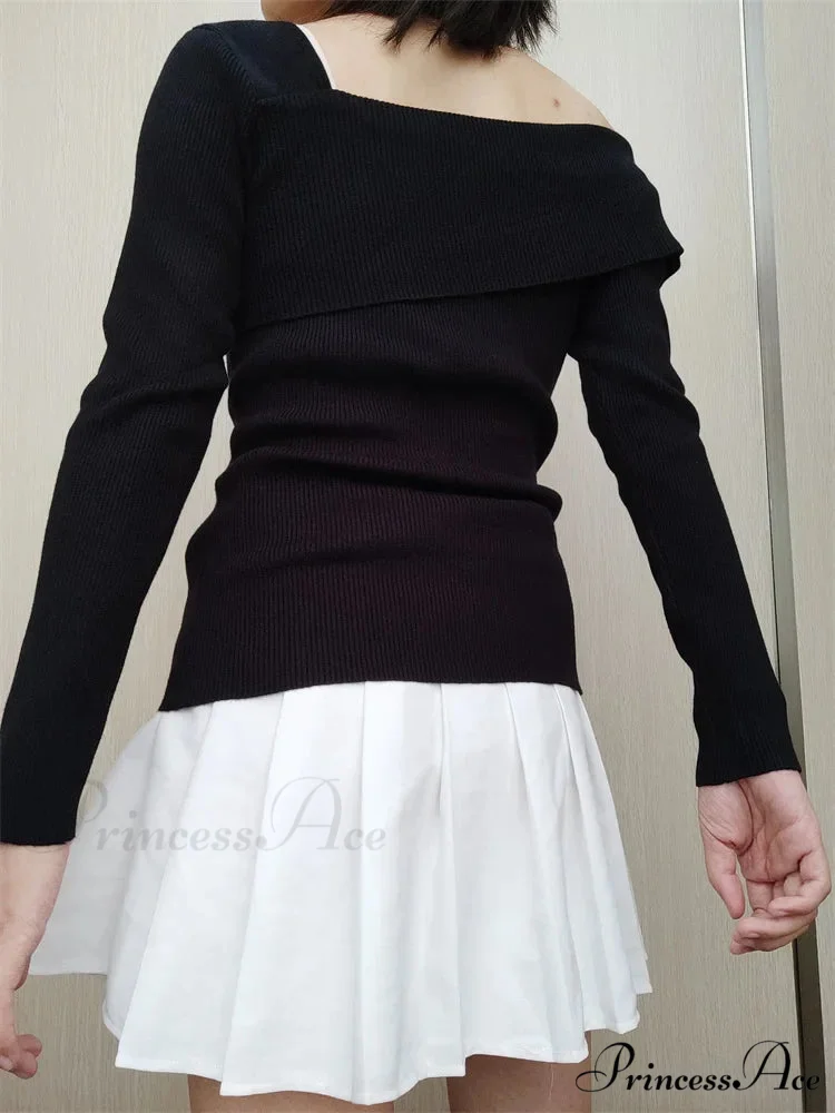 Off Shoulder Irregular Neck Long Sleeve Ribbed Knitted T-shirts - Image 2