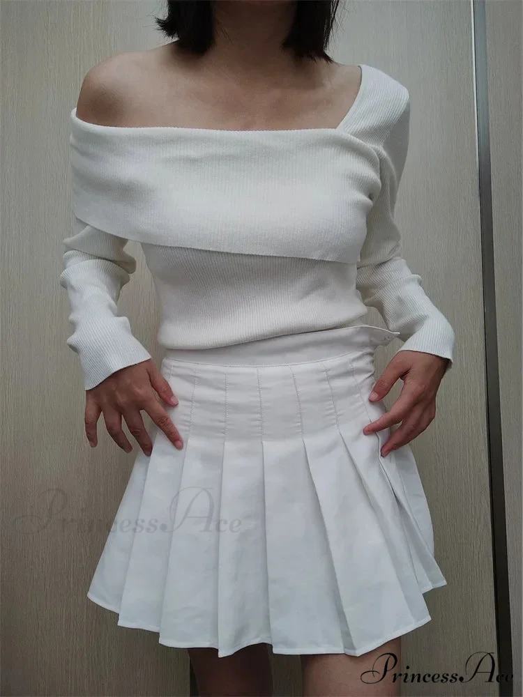 Off Shoulder Irregular Neck Long Sleeve Ribbed Knitted T-shirts - Image 3