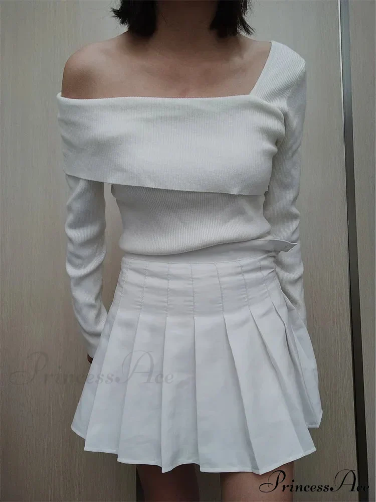 Off Shoulder Irregular Neck Long Sleeve Ribbed Knitted T-shirts - Image 4