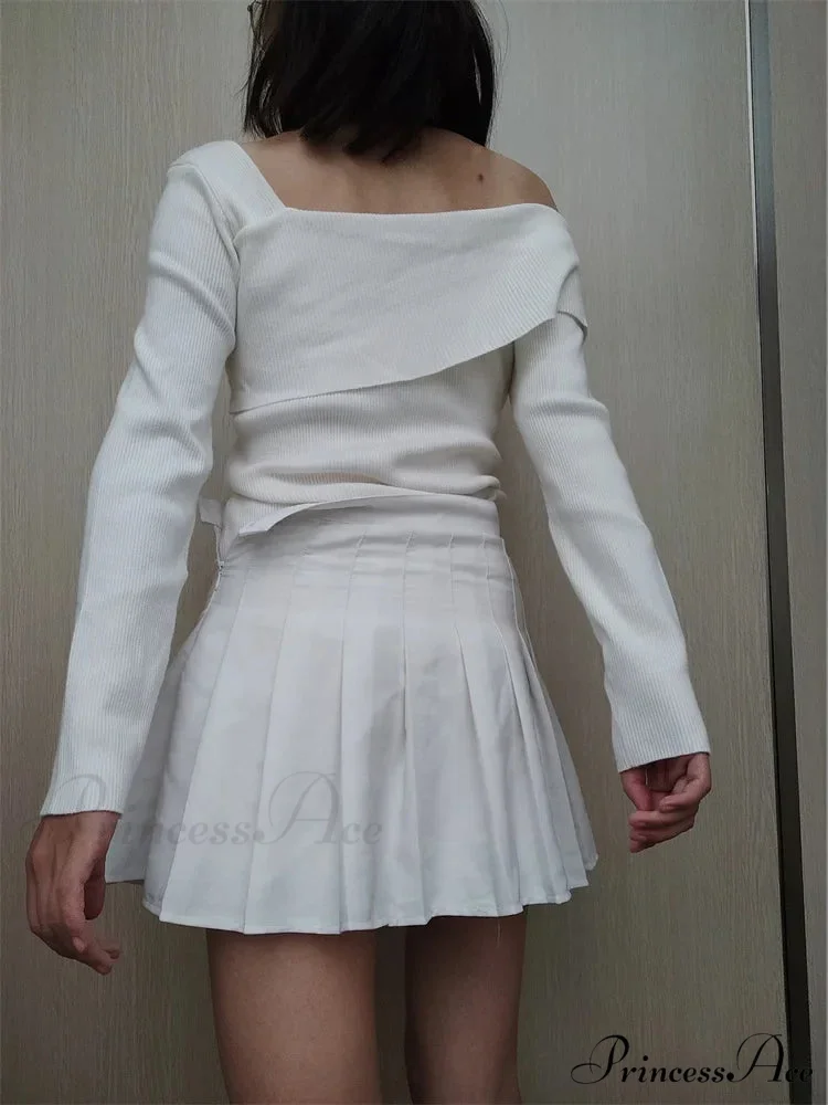 Off Shoulder Irregular Neck Long Sleeve Ribbed Knitted T-shirts - Image 5