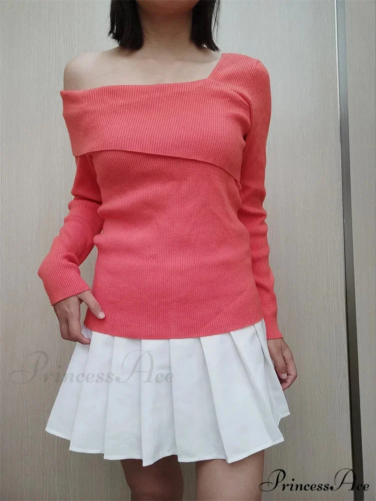 Off Shoulder Irregular Neck Long Sleeve Ribbed Knitted T-shirts - Image 8