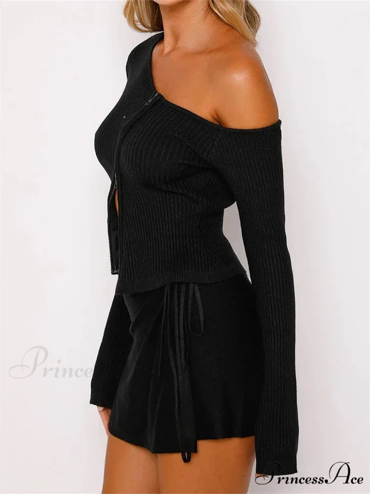 Long Sleeve Off Shoulder Front Zip Up Ribbed Knitted Cardigan T-Shirts - Image 3