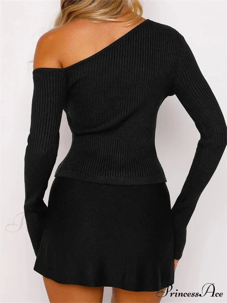 Long Sleeve Off Shoulder Front Zip Up Ribbed Knitted Cardigan T-Shirts - Image 4