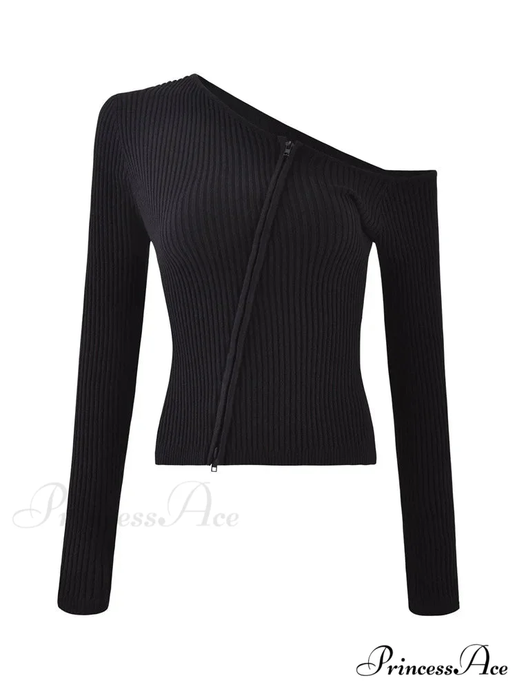 Long Sleeve Off Shoulder Front Zip Up Ribbed Knitted Cardigan T-Shirts - Image 5
