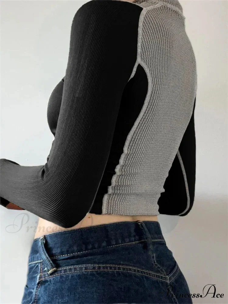 Slim Fit Contrast Color High Neck Long Sleeve T-shirts - Image 2