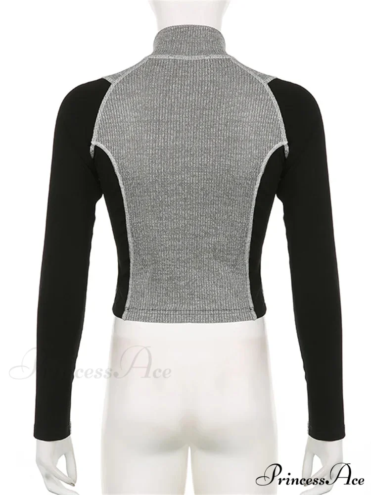 Slim Fit Contrast Color High Neck Long Sleeve T-shirts - Image 3
