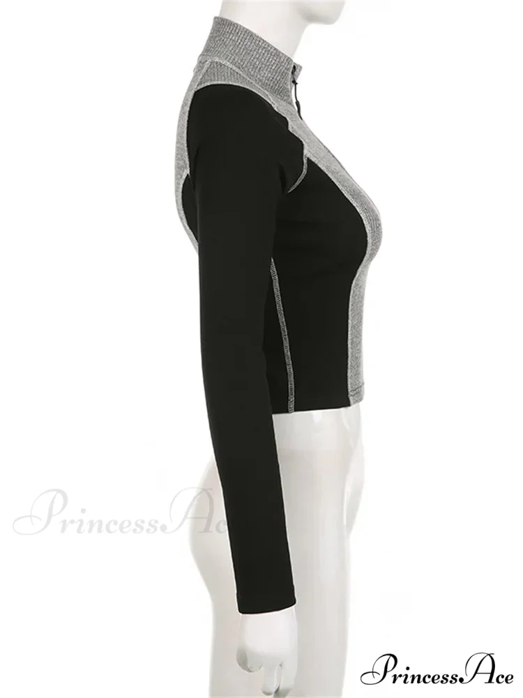 Slim Fit Contrast Color High Neck Long Sleeve T-shirts - Image 4