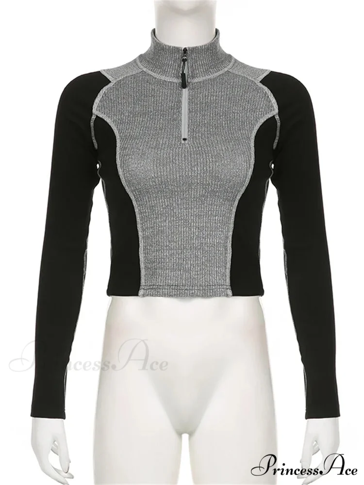 Slim Fit Contrast Color High Neck Long Sleeve T-shirts - Image 5