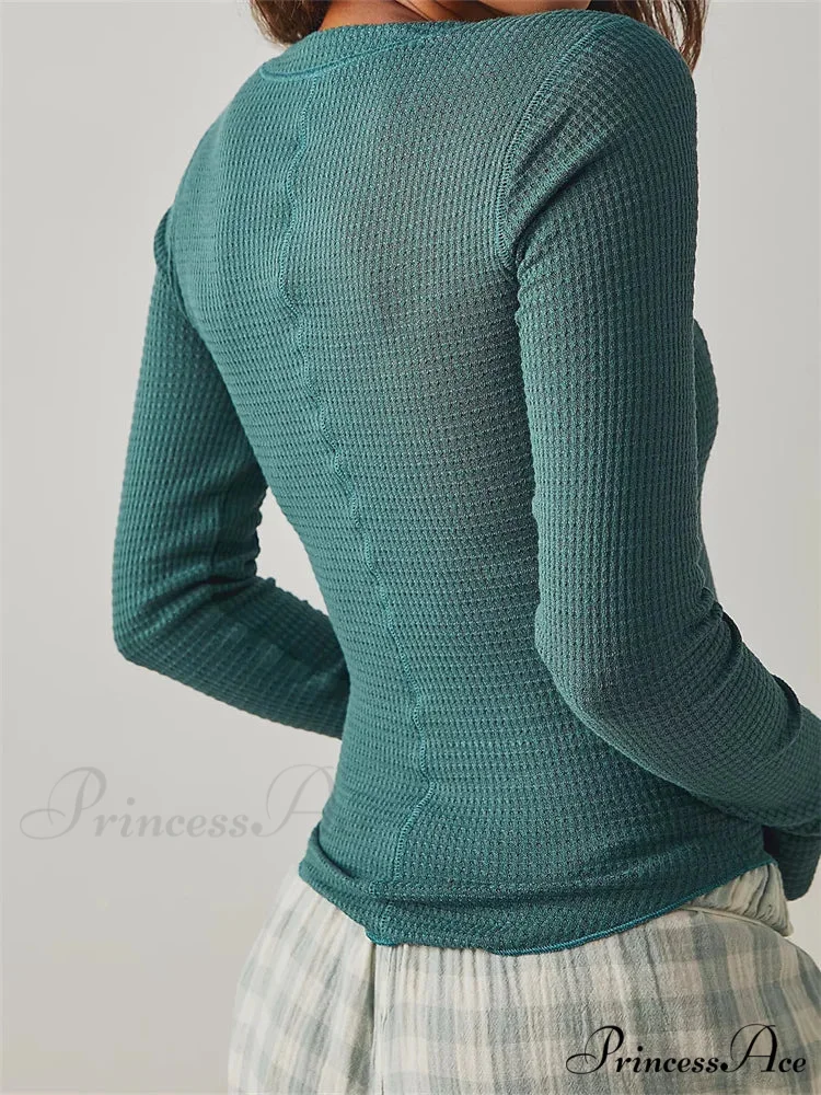 Long Sleeve Solid Color Deep V Neck Knitted Crop T-Shirts - Image 4