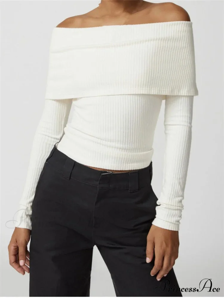 Ribbed Slash Neck Off Shoulder Casual Long Sleeve T-Shirts - Image 2