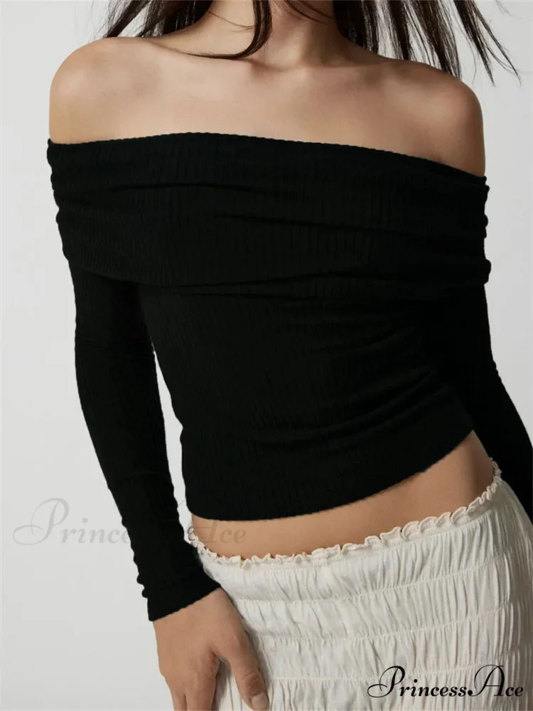 Ribbed Slash Neck Off Shoulder Casual Long Sleeve T-Shirts - Image 3
