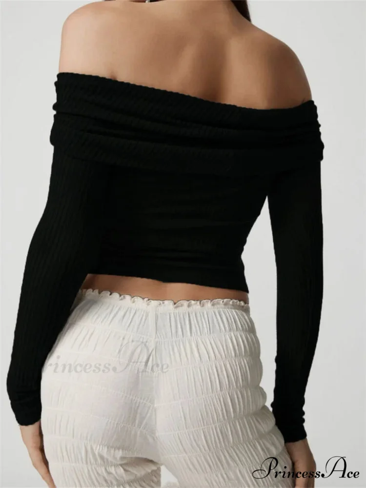Ribbed Slash Neck Off Shoulder Casual Long Sleeve T-Shirts - Image 4
