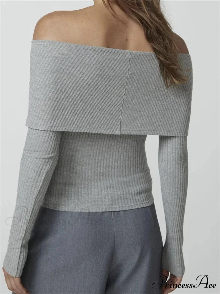 Ribbed Slash Neck Off Shoulder Casual Long Sleeve T-Shirts - Image 5